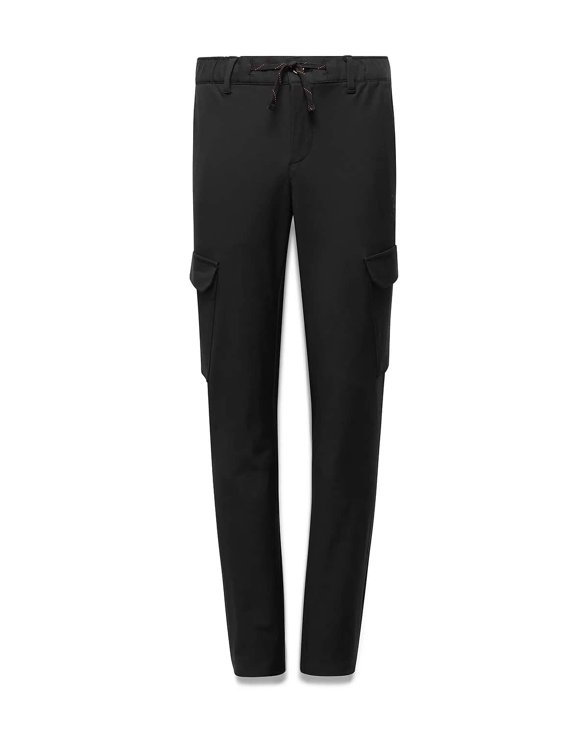 Black Kids Luka Cargo Pant with a relaxed fit, featuring side cargo pockets and an elasticated waist with an orange and brown speckled drawstring, made from smooth woven fabric.