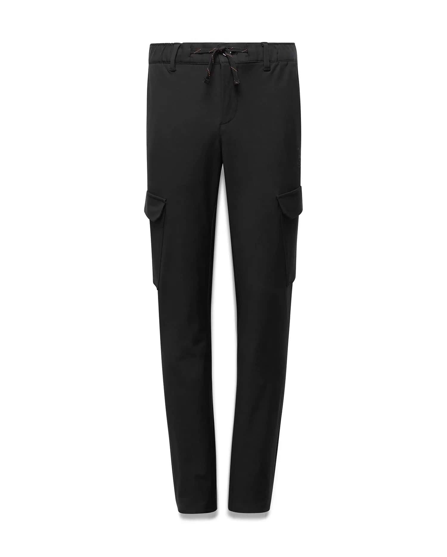 Black Kids Luka Cargo Pant with a relaxed fit, featuring side cargo pockets and an elasticated waist with an orange and brown speckled drawstring, made from smooth woven fabric.