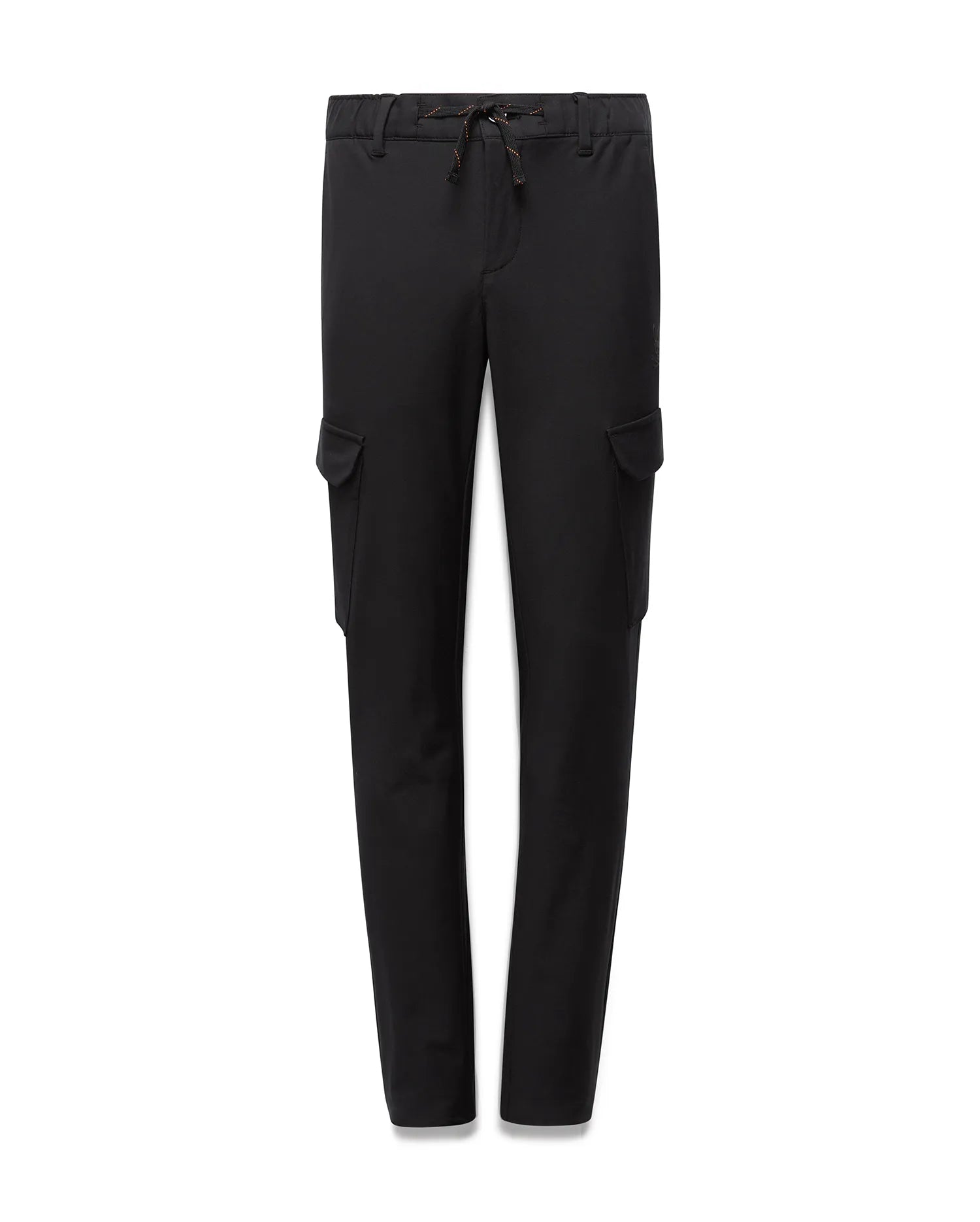 Black Kids Luka Cargo Pant with a relaxed fit, featuring side cargo pockets and an elasticated waist with an orange and brown speckled drawstring, made from smooth woven fabric.