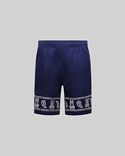 Kids Luke Tencel Short, navy blue, relaxed fit, with a white bandana-style hem pattern featuring Psycho Bunny skull logos, paisley motifs, and Psycho Bunny text.