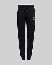 The Psycho Bunny KIDS WADE SWEATPANT (KB0800002) features black jogger pants with an elastic waistband, drawstrings, cuffed ankles, and a small beige embroidered wordmark on the upper left thigh, made from a premium cotton blend.