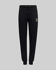 The Psycho Bunny KIDS WADE SWEATPANT (KB0800002) features black jogger pants with an elastic waistband, drawstrings, cuffed ankles, and a small beige embroidered wordmark on the upper left thigh, made from a premium cotton blend.