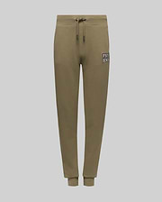 The KIDS WADE SWEATPANT - KB0800002 by Psycho Bunny is an olive green jogger with elastic waistband, drawstring, side pockets, ribbed cuffs, and a small "PSNY" patch on the left thigh. Shown on a plain light gray background.