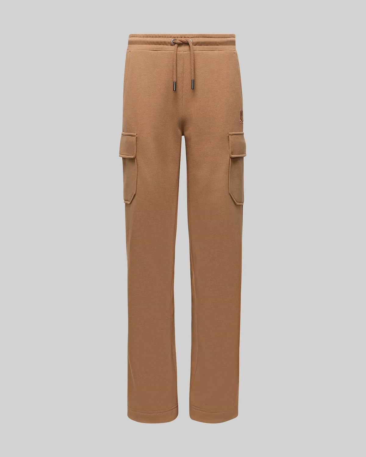 Kids Nash Cargo Sweatpant in camel brown french terry, featuring a relaxed fit, drawstring waist, two cargo pockets, and a small tonal embroidered Psycho Bunny skull logo on the right thigh.