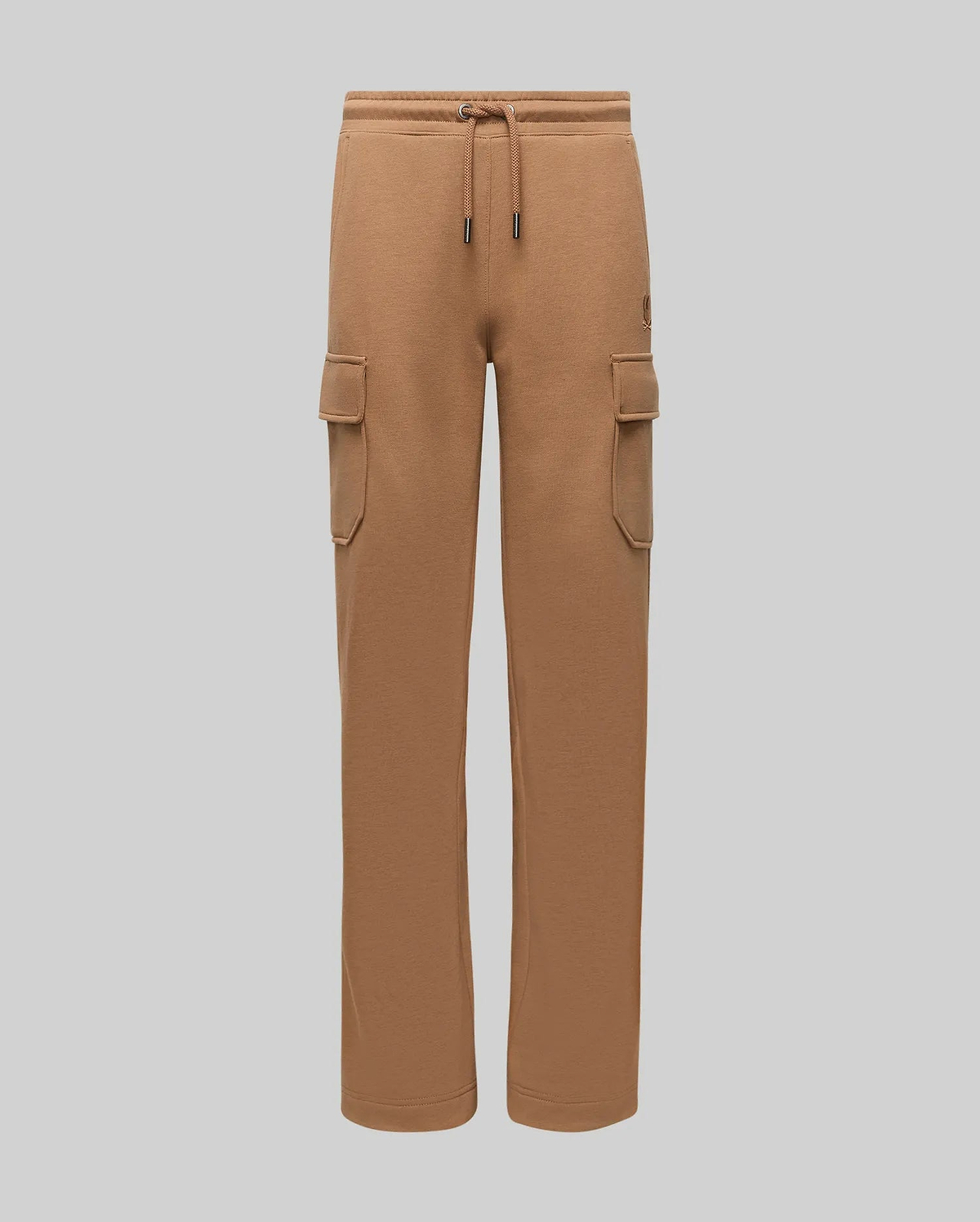 Kids Nash Cargo Sweatpant in camel brown french terry, featuring a relaxed fit, drawstring waist, two cargo pockets, and a small tonal embroidered Psycho Bunny skull logo on the right thigh.