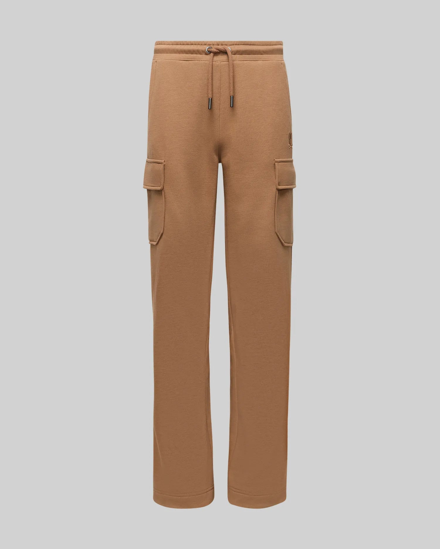 Kids Nash Cargo Sweatpant in camel brown french terry, featuring a relaxed fit, drawstring waist, two cargo pockets, and a small tonal embroidered Psycho Bunny skull logo on the right thigh.