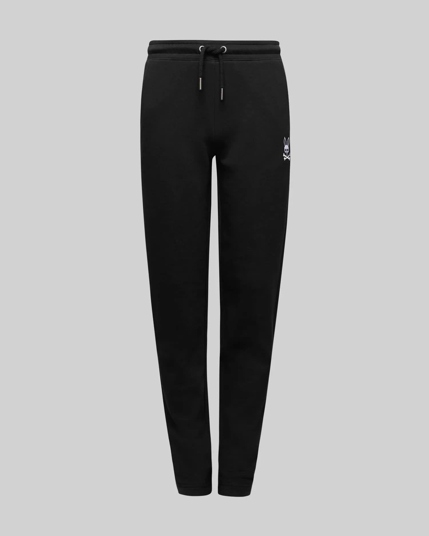 Kids Timothy 4k Bunny Jogger, black relaxed-fit french terry joggers featuring a white embroidered Psycho Bunny skull logo on the left thigh and an adjustable drawstring waist.