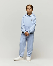 Light blue Kids Timothy 4k Bunny Jogger set, featuring a relaxed fit French terry hoodie with kangaroo pocket and matching joggers, both with small embroidered black Psycho Bunny skull logos.