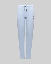 Kids Timothy 4K Bunny Jogger in light blue french terry, featuring a relaxed fit, drawstring waist with silver tips, and a small, embroidered dark blue Psycho Bunny skull logo on the left thigh.