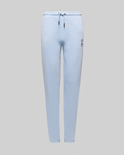 Kids Timothy 4K Bunny Jogger in light blue french terry, featuring a relaxed fit, drawstring waist with silver tips, and a small, embroidered dark blue Psycho Bunny skull logo on the left thigh.