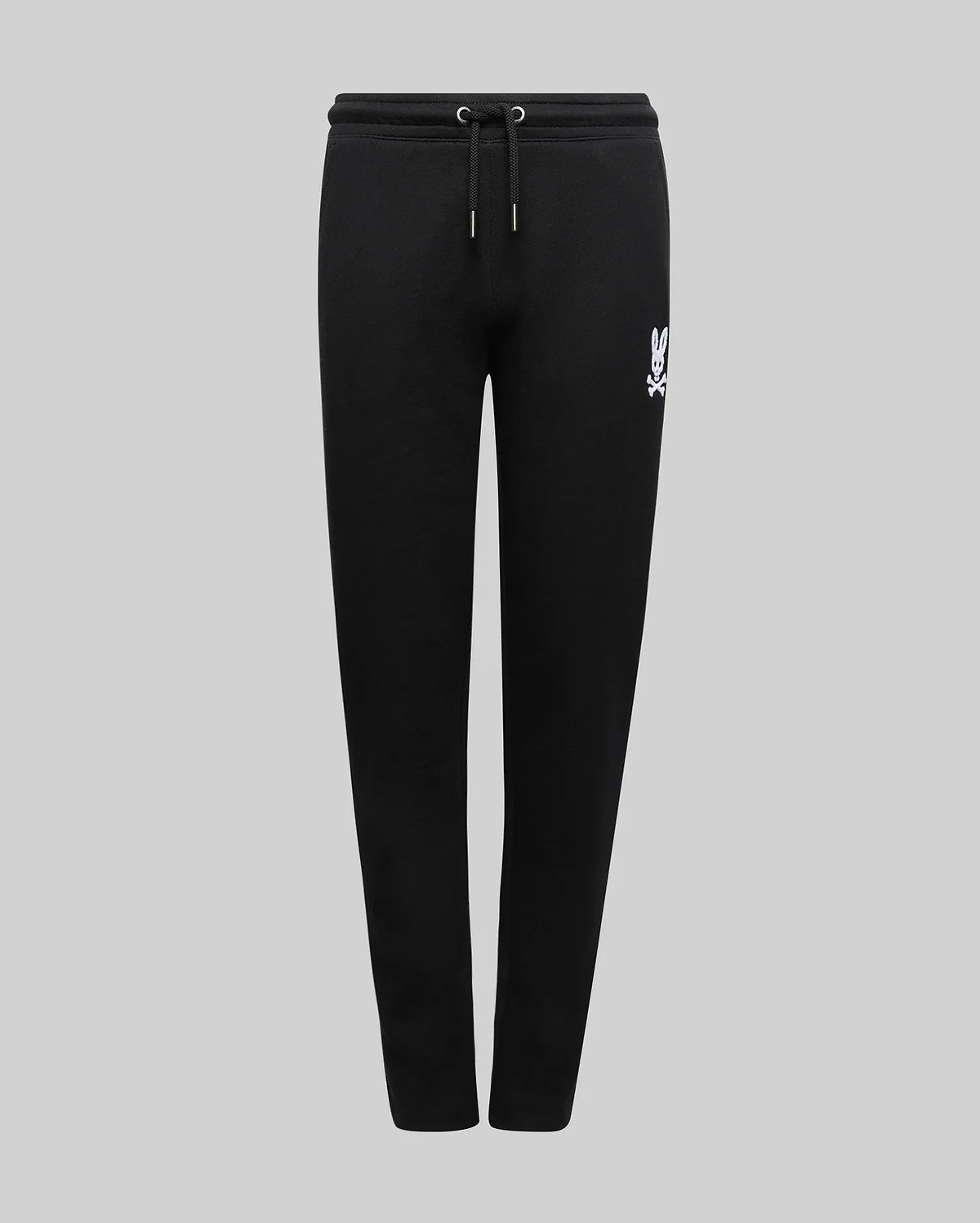 Black Kids Tate Chenille Sweatpant with a relaxed fit, featuring a white embroidered Psycho Bunny skull logo on the left thigh and a black drawstring waist.