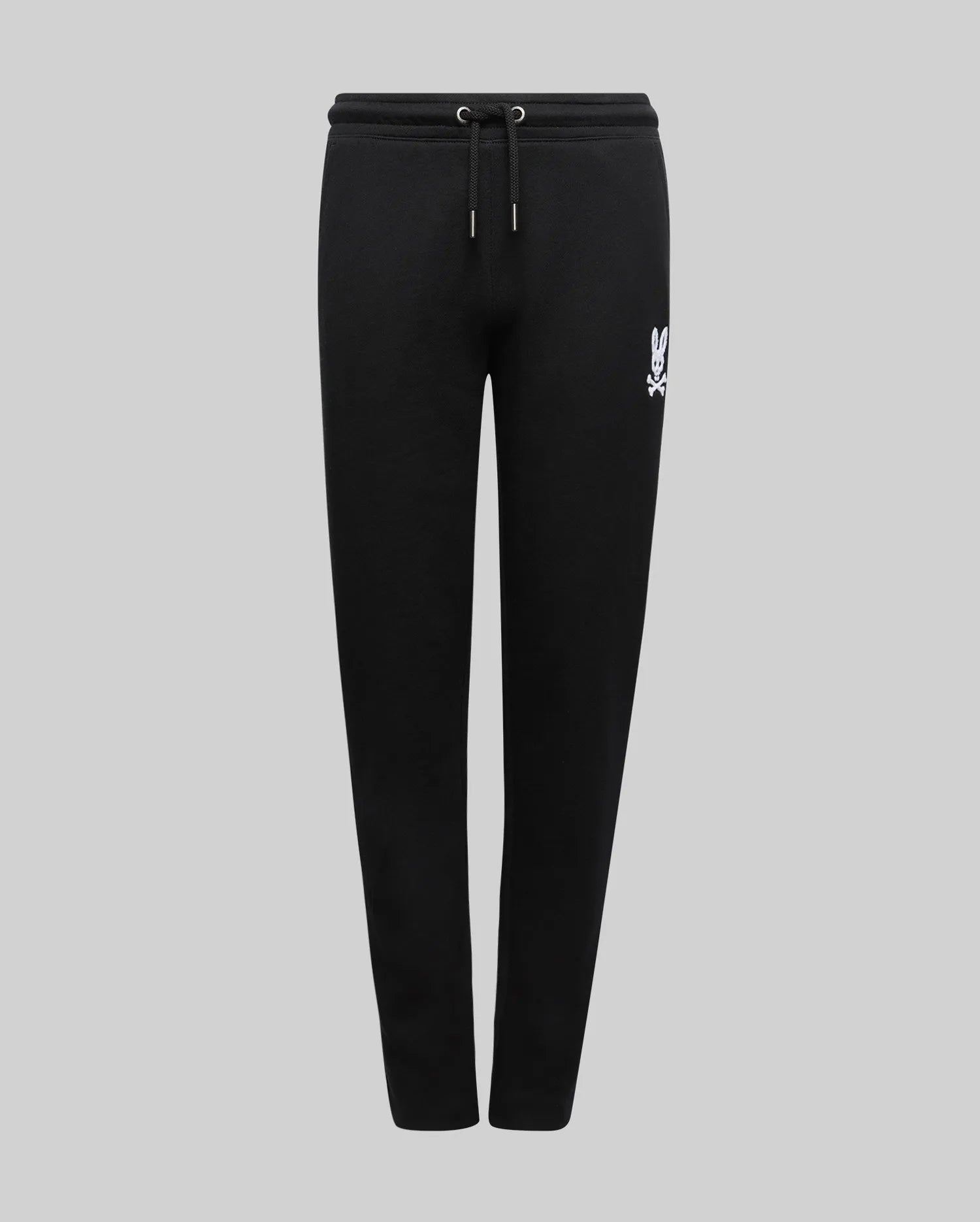 Black Kids Tate Chenille Sweatpant with a relaxed fit, featuring a white embroidered Psycho Bunny skull logo on the left thigh and a black drawstring waist.
