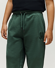 Kids Tate Chenille Sweatpant, forest green, relaxed fit, featuring a soft chenille knit, drawstring waist, side pockets, and a small tonal embroidered Psycho Bunny skull logo on the right thigh.