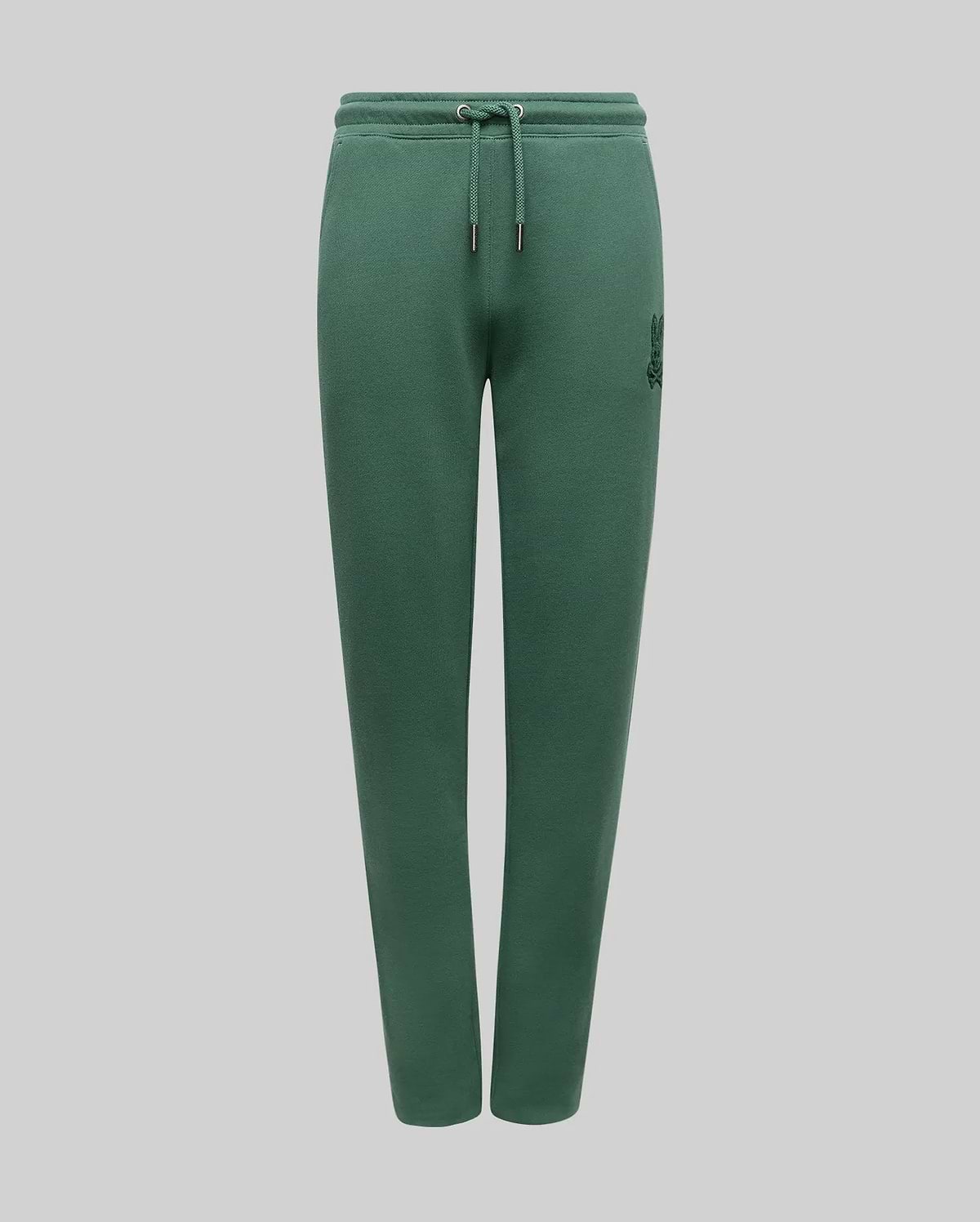 Kids Tate Chenille Sweatpant in deep forest green, featuring a relaxed fit, soft chenille fabric, an adjustable drawstring waist, and a small, tonal embroidered Psycho Bunny skull logo on the upper left thigh.