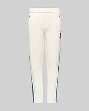 Kids Caspian Contrast Stripe Track Pant in cream, featuring a blue side stripe, relaxed fit, smooth fabric, and a small black embroidered Psycho Bunny skull logo on the upper right thigh.