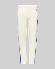 Kids Caspian Contrast Stripe Track Pant in cream, featuring a blue side stripe, relaxed fit, smooth fabric, and a small black embroidered Psycho Bunny skull logo on the upper right thigh.