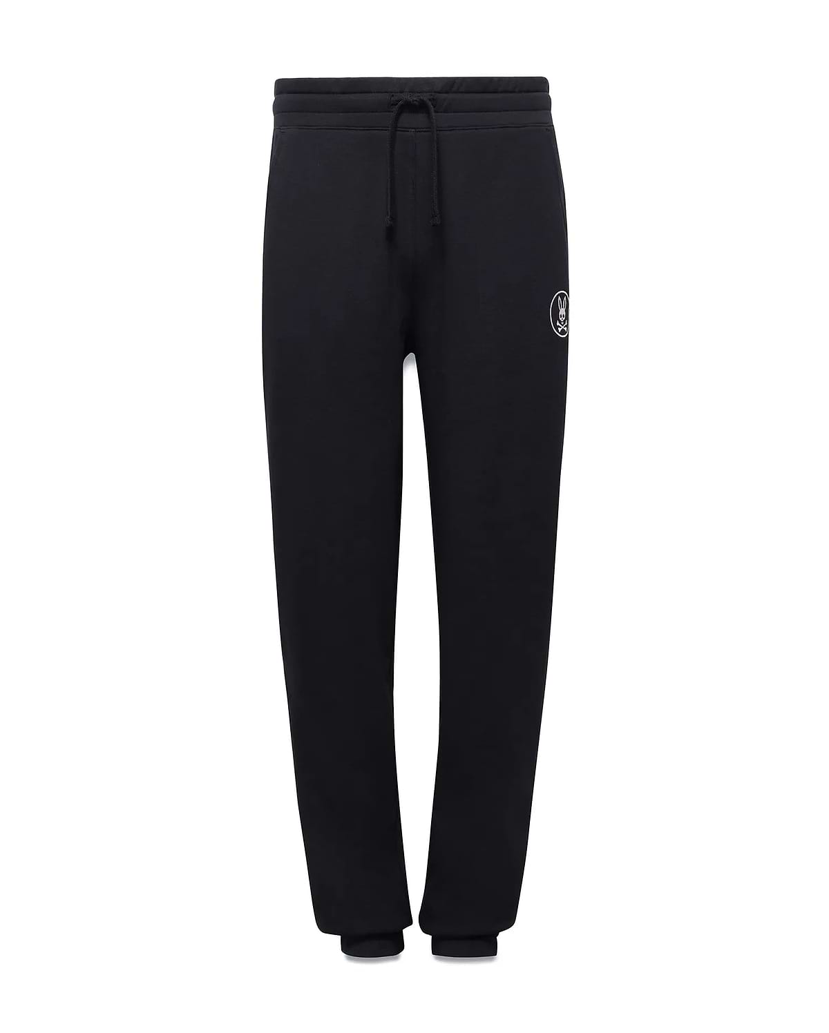 Kids Nathaniel Sweatpant, black french terry, relaxed fit sweatpant with drawstring waist, ribbed cuffs, and a small white embroidered Psycho Bunny skull logo on the left thigh.