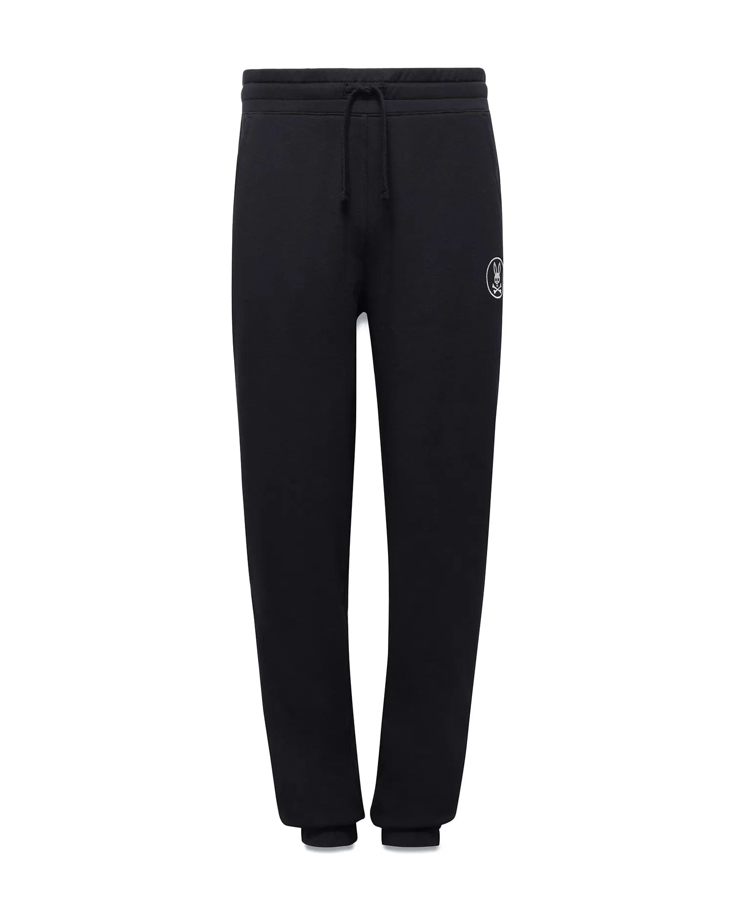 Kids Nathaniel Sweatpant, black french terry, relaxed fit sweatpant with drawstring waist, ribbed cuffs, and a small white embroidered Psycho Bunny skull logo on the left thigh.