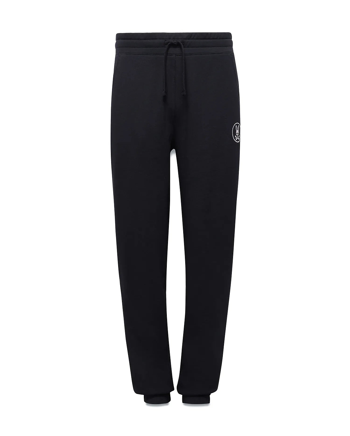 Kids Nathaniel Sweatpant, black french terry, relaxed fit sweatpant with drawstring waist, ribbed cuffs, and a small white embroidered Psycho Bunny skull logo on the left thigh.