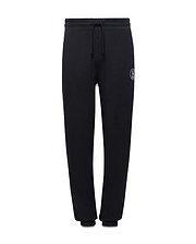 Kids Nathaniel Sweatpant, black french terry, relaxed fit sweatpant with drawstring waist, ribbed cuffs, and a small white embroidered Psycho Bunny skull logo on the left thigh.