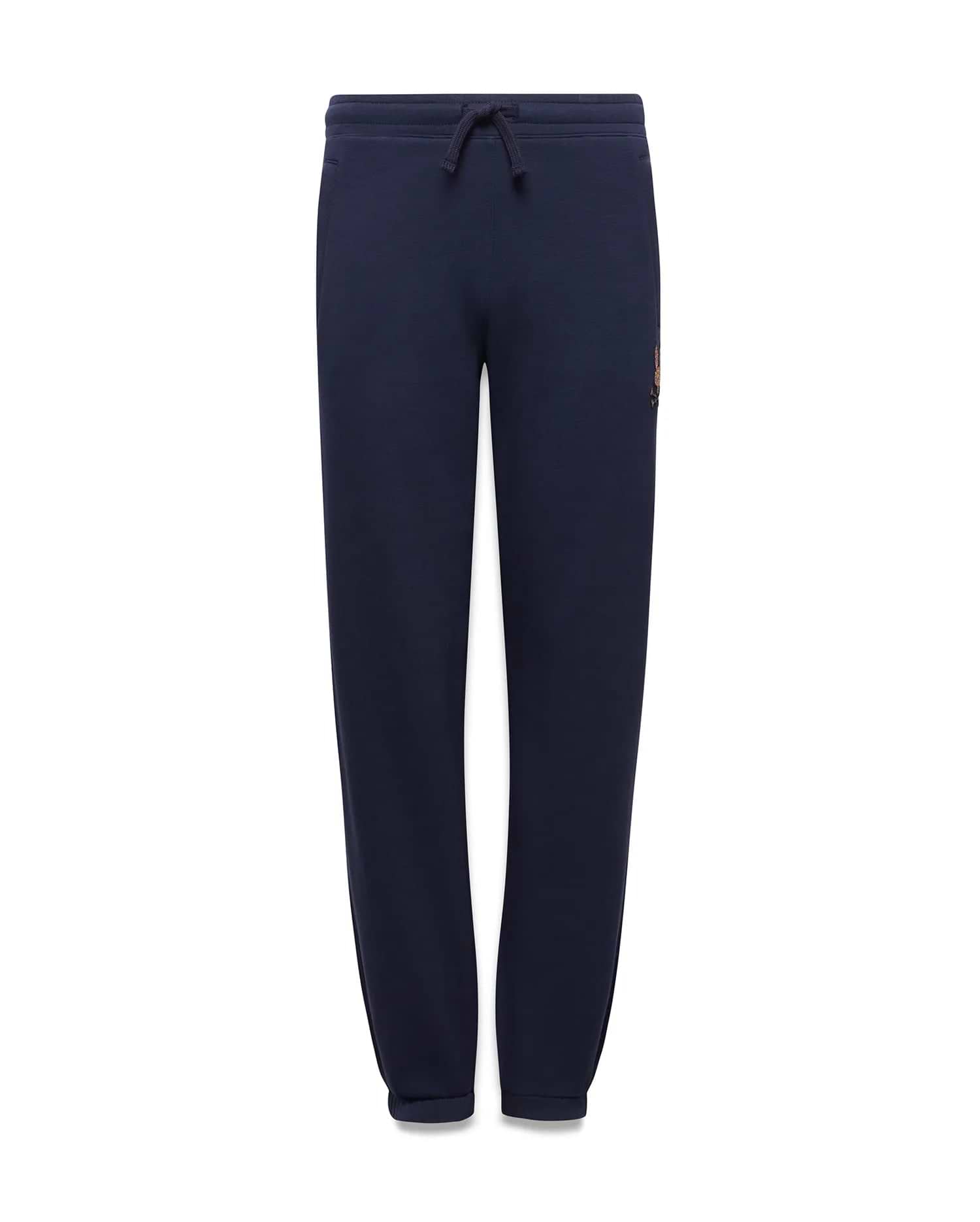 Kids Darcy Sweatpant in navy, featuring a relaxed fit, smooth jersey knit, drawstring waist, and a small, multi-color embroidered Psycho Bunny skull logo on the upper right thigh.