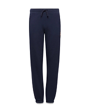 Kids Darcy Sweatpant in navy, featuring a relaxed fit, smooth jersey knit, drawstring waist, and a small, multi-color embroidered Psycho Bunny skull logo on the upper right thigh.