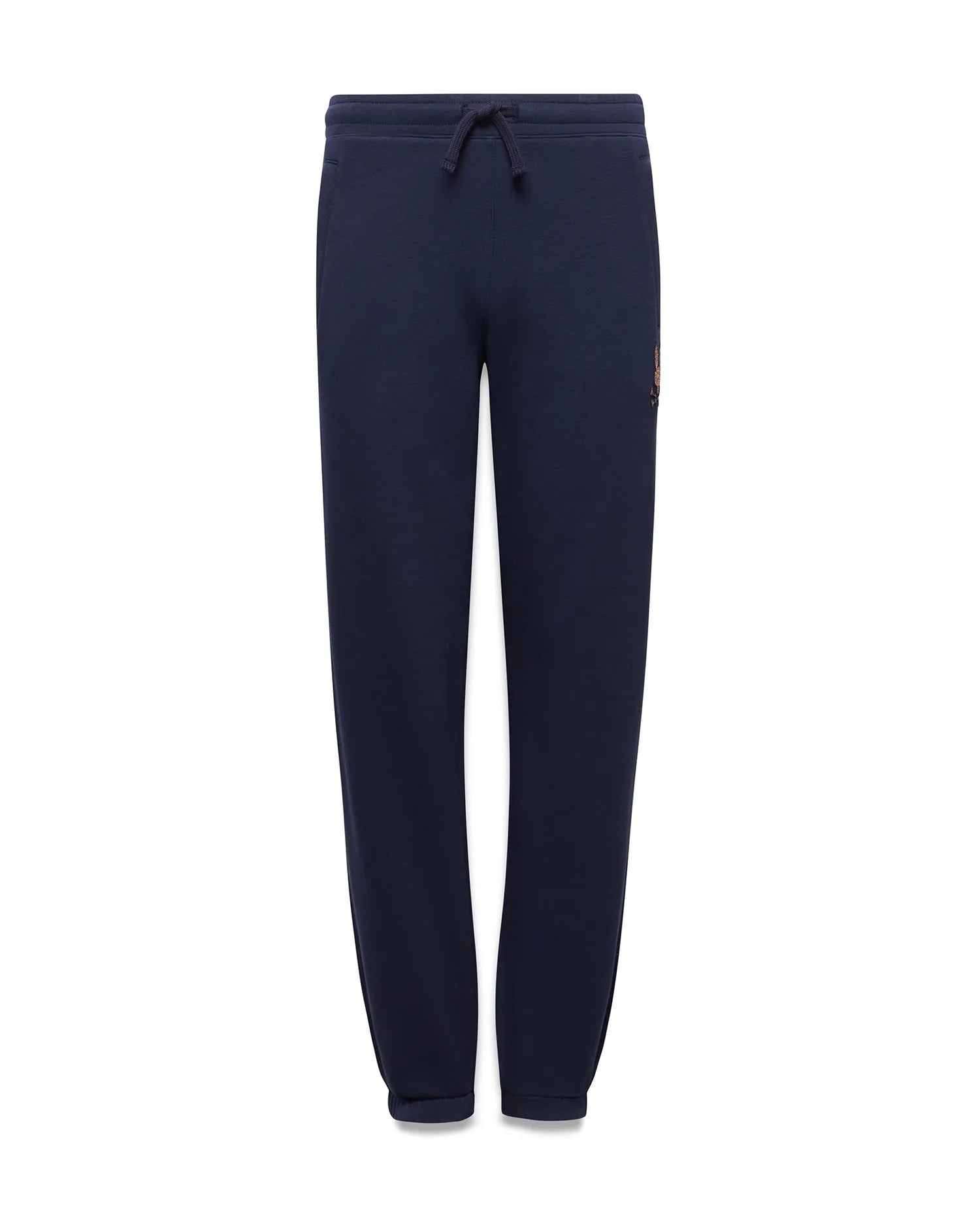 Kids Darcy Sweatpant in navy, featuring a relaxed fit, smooth jersey knit, drawstring waist, and a small, multi-color embroidered Psycho Bunny skull logo on the upper right thigh.