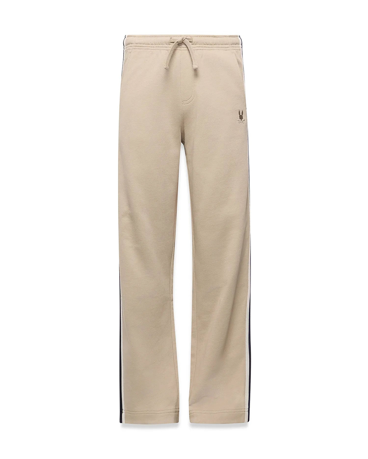 Kids Ty French Terry Sweatpant in beige, featuring a relaxed fit, drawstring waist, navy and white side stripes, and a small embroidered Psycho Bunny skull logo on the upper right thigh.