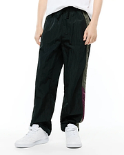 Kids Alder Nylon Colorblock Pant, dark green, featuring a relaxed fit, crinkled nylon texture, and bold side colorblock panels in olive green and purple.