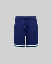 Psycho Bunny KIDS BASIL TAPED SHORT (KB0900003) in navy blue, made from a soft cotton-modal blend with a drawstring waist and white and teal hem stripes, shown on a plain gray background.