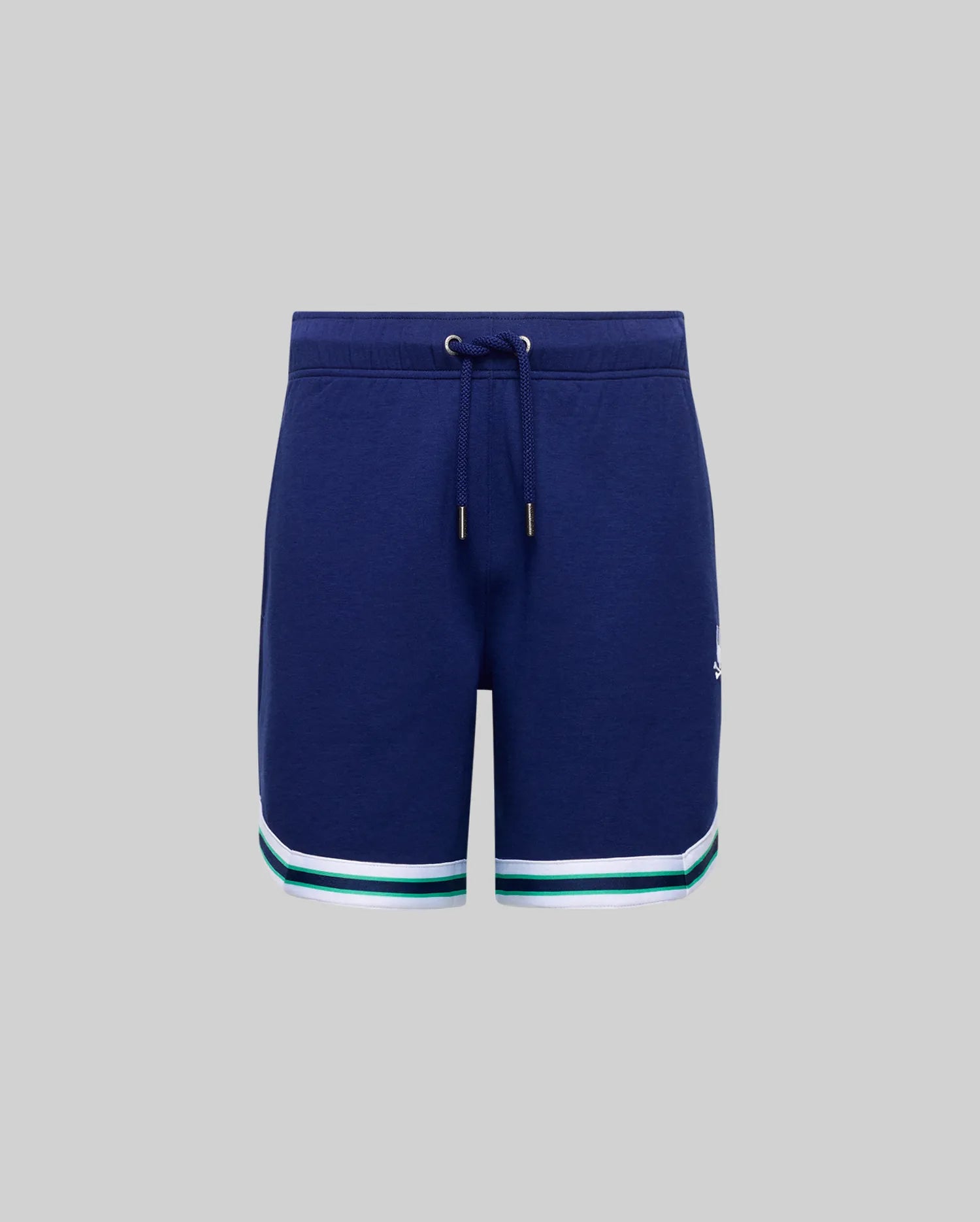 Psycho Bunny KIDS BASIL TAPED SHORT (KB0900003) in navy blue, made from a soft cotton-modal blend with a drawstring waist and white and teal hem stripes, shown on a plain gray background.