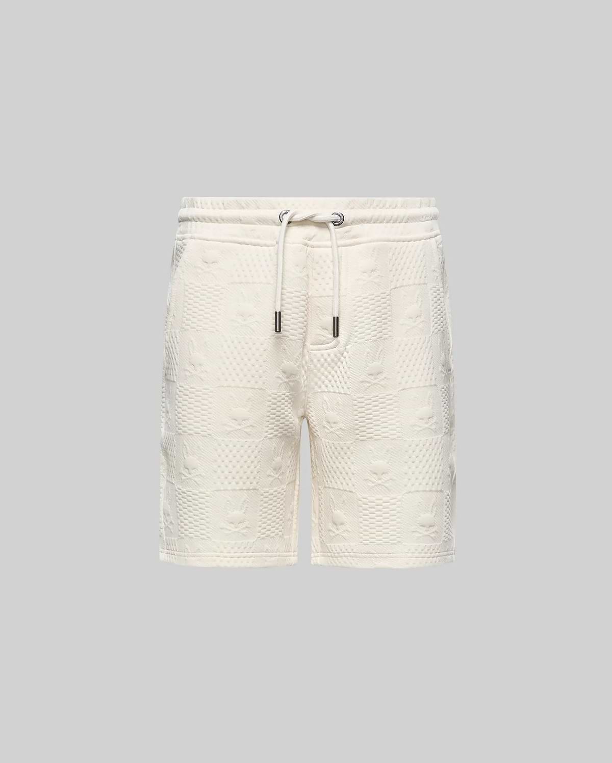 Kids Dustin Sweatshort, cream, relaxed fit, with an all-over embossed checkerboard pattern featuring alternating Psycho Bunny skull logos and textured squares, plus a drawstring waist.