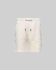 Kids Dustin Sweatshort, cream, relaxed fit, with an all-over embossed checkerboard pattern featuring alternating Psycho Bunny skull logos and textured squares, plus a drawstring waist.