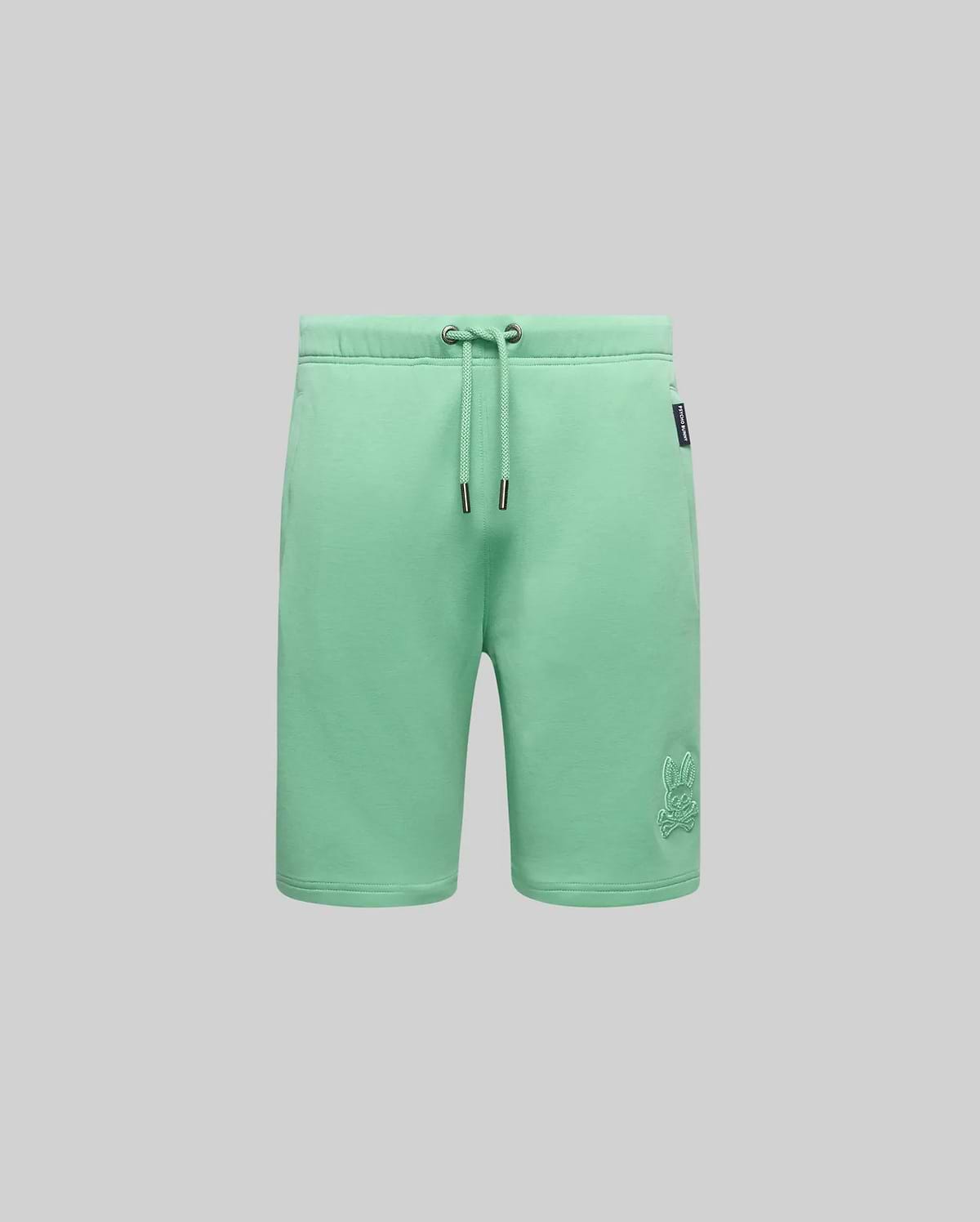Kids Barry Modal Short, mint green, relaxed fit, soft modal blend, drawstring waist with silver tips, large tonal embroidered Psycho Bunny skull logo on lower right leg, and a Psycho Bunny side tag.