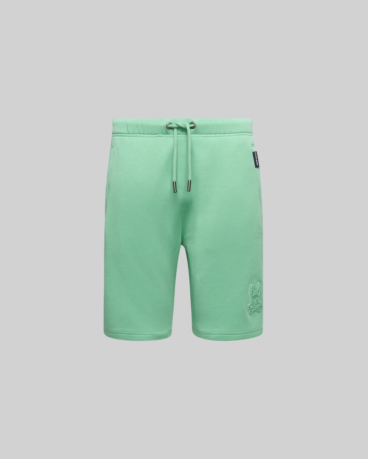 Kids Barry Modal Short, mint green, relaxed fit, soft modal blend, drawstring waist with silver tips, large tonal embroidered Psycho Bunny skull logo on lower right leg, and a Psycho Bunny side tag.