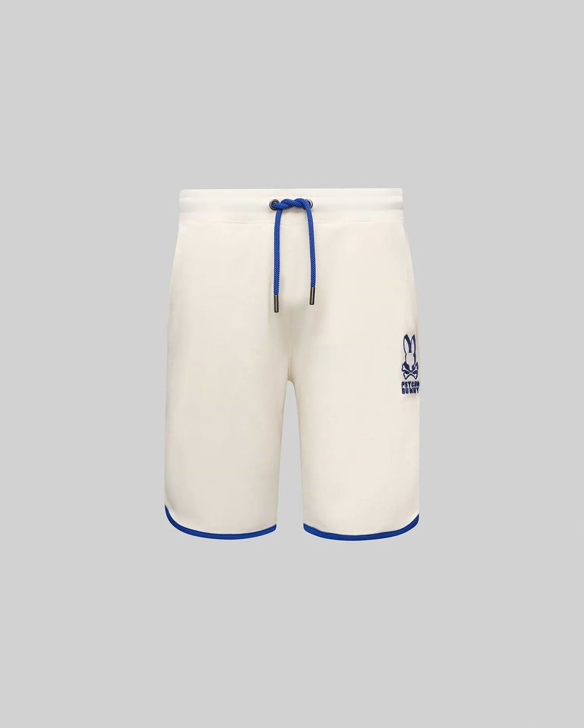 Kids Toby Short, cream French terry, relaxed fit, with royal blue drawstring, hem piping, and embroidered Psycho Bunny skull logo on the right thigh.
