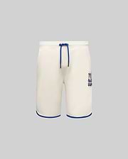 Kids Toby Short, cream French terry, relaxed fit, with royal blue drawstring, hem piping, and embroidered Psycho Bunny skull logo on the right thigh.