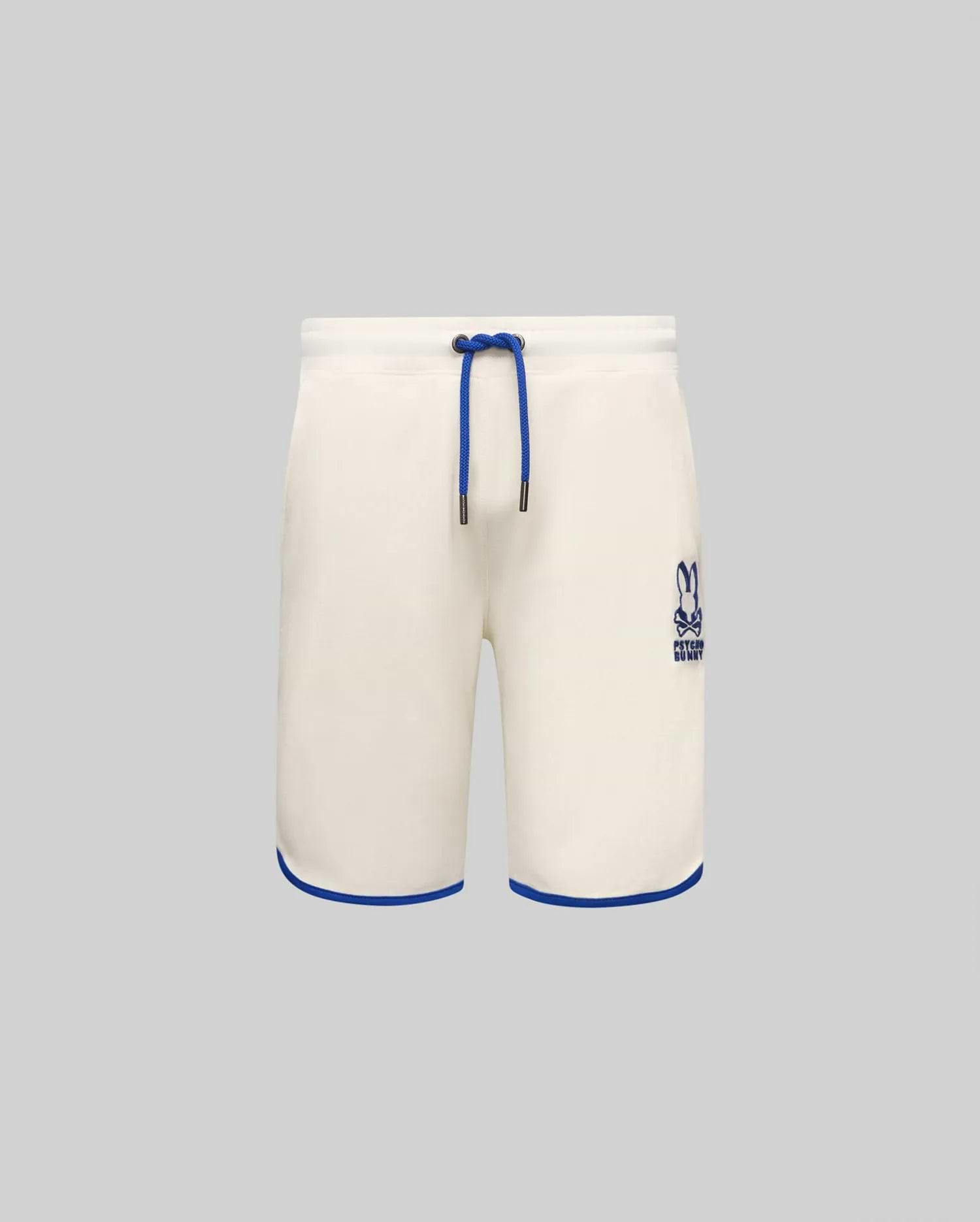 Kids Toby Short, cream French terry, relaxed fit, with royal blue drawstring, hem piping, and embroidered Psycho Bunny skull logo on the right thigh.