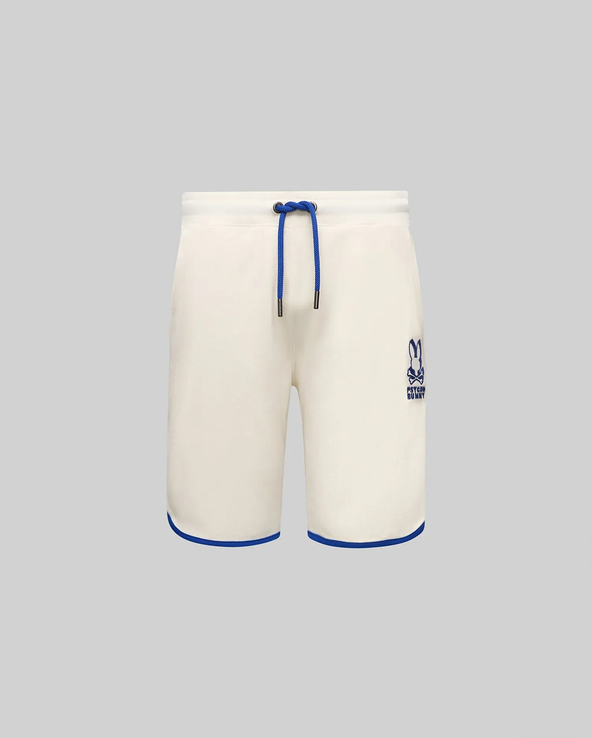 Kids Toby Short, cream French terry, relaxed fit, with royal blue drawstring, hem piping, and embroidered Psycho Bunny skull logo on the right thigh.