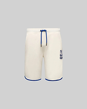 Kids Toby Short, cream French terry, relaxed fit, with royal blue drawstring, hem piping, and embroidered Psycho Bunny skull logo on the right thigh.