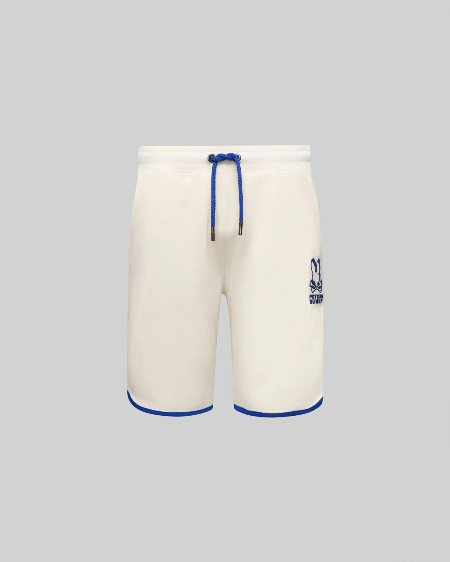 Kids Toby Short, cream French terry, relaxed fit, with royal blue drawstring, hem piping, and embroidered Psycho Bunny skull logo on the right thigh.
