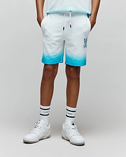 Kids Dax Sweatshort, white to blue ombre french terry with a relaxed fit and an embroidered blue Psycho Bunny skull logo on the left thigh. (1)