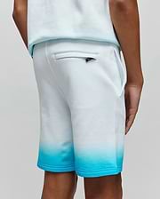 Kids Dax Sweatshort in soft french terry, featuring a white to vibrant turquoise ombre fade, relaxed fit, and a small black Psycho Bunny logo tag on the rear welt pocket. (3)