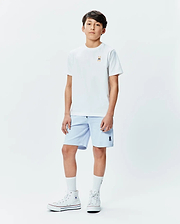 White classic fit jersey t-shirt with a small embroidered Psycho Bunny skull logo wearing sunglasses on the left chest, paired with light blue Kids Keith Short 3 1/2 with a small embroidered Psycho Bunny logo on the left leg. (4)