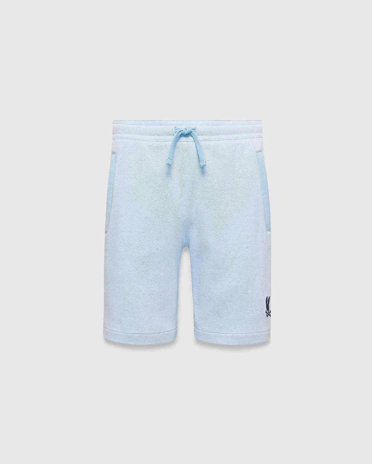 Kids Keith Short: Relaxed fit light blue heathered jersey knit shorts with a drawstring waist, lighter blue pocket trim, and a small dark blue embroidered Psycho Bunny skull logo on the lower left leg. (5)