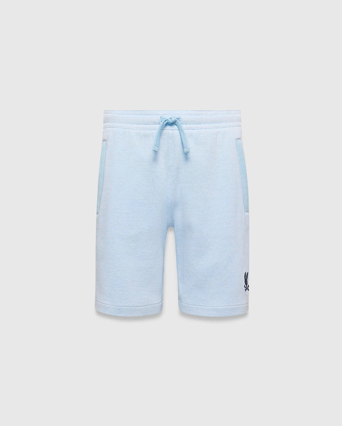 Kids Keith Short: Relaxed fit light blue heathered jersey knit shorts with a drawstring waist, lighter blue pocket trim, and a small dark blue embroidered Psycho Bunny skull logo on the lower left leg. (5)