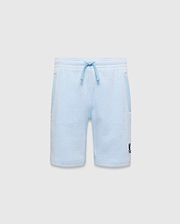 Kids Keith Short: Relaxed fit light blue heathered jersey knit shorts with a drawstring waist, lighter blue pocket trim, and a small dark blue embroidered Psycho Bunny skull logo on the lower left leg. (5)