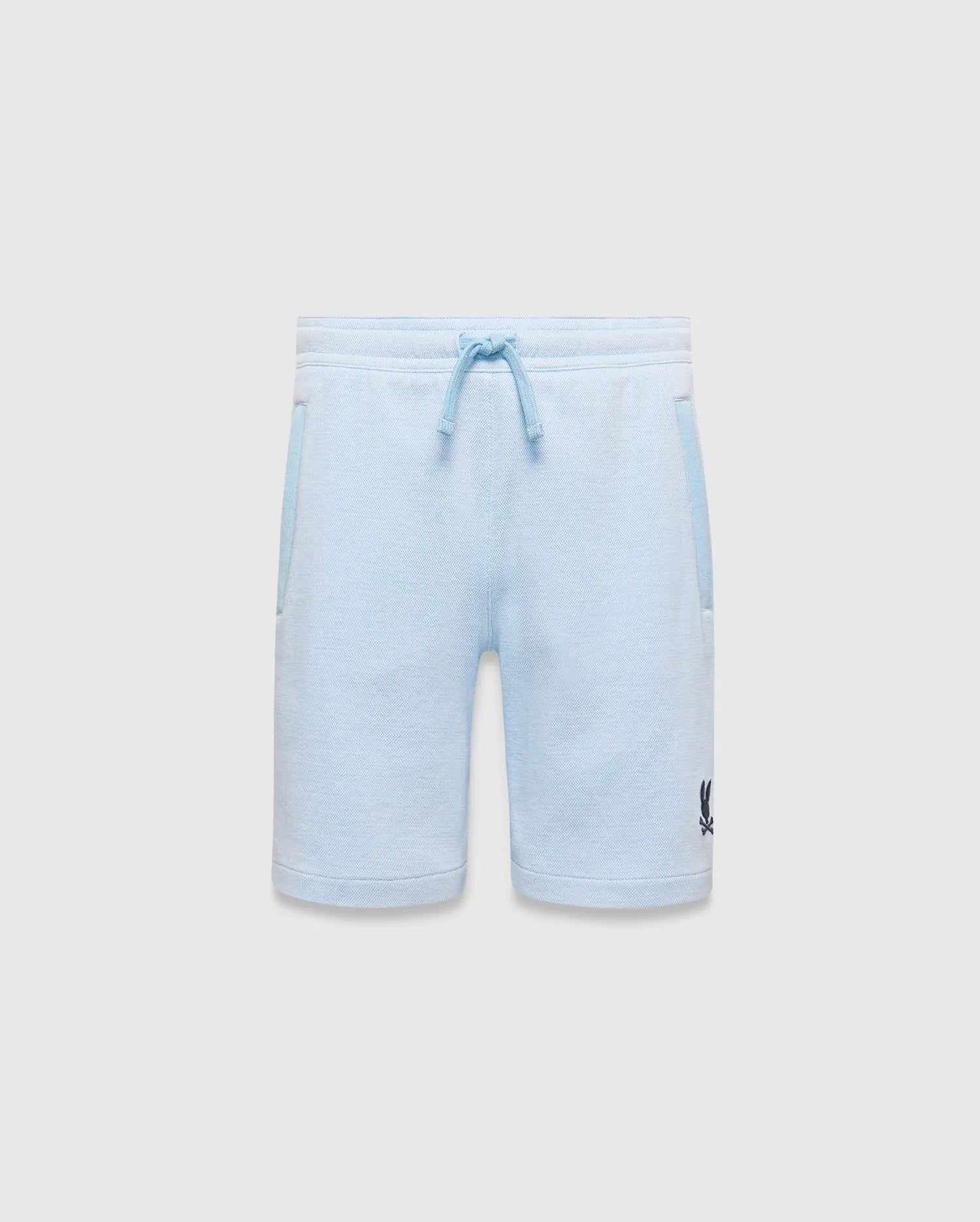 Kids Keith Short: Relaxed fit light blue heathered jersey knit shorts with a drawstring waist, lighter blue pocket trim, and a small dark blue embroidered Psycho Bunny skull logo on the lower left leg. (5)