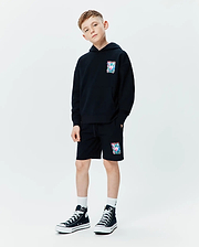 Black relaxed fit French terry hoodie with a vibrant multi-color Psycho Bunny skull graphic on the left chest, paired with matching Kids Isaac Print Short featuring the same graphic on the left leg and a drawstring waist.