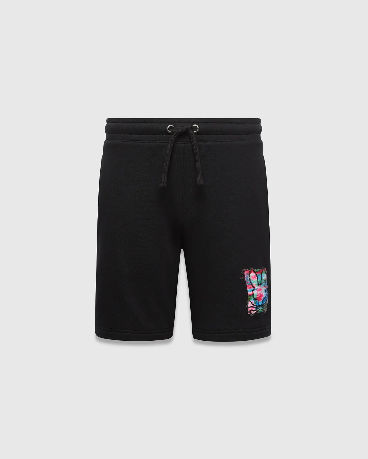 Kids Isaac Print Short, black french terry with a relaxed fit, featuring a vibrant multi-color graffiti Psycho Bunny skull logo print on the left thigh and a drawstring waist.